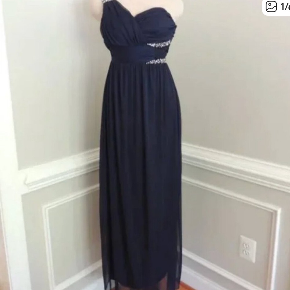 One Shoulder Long Navy Blue Evening Dress with Rhinestone Embellishments Size 2